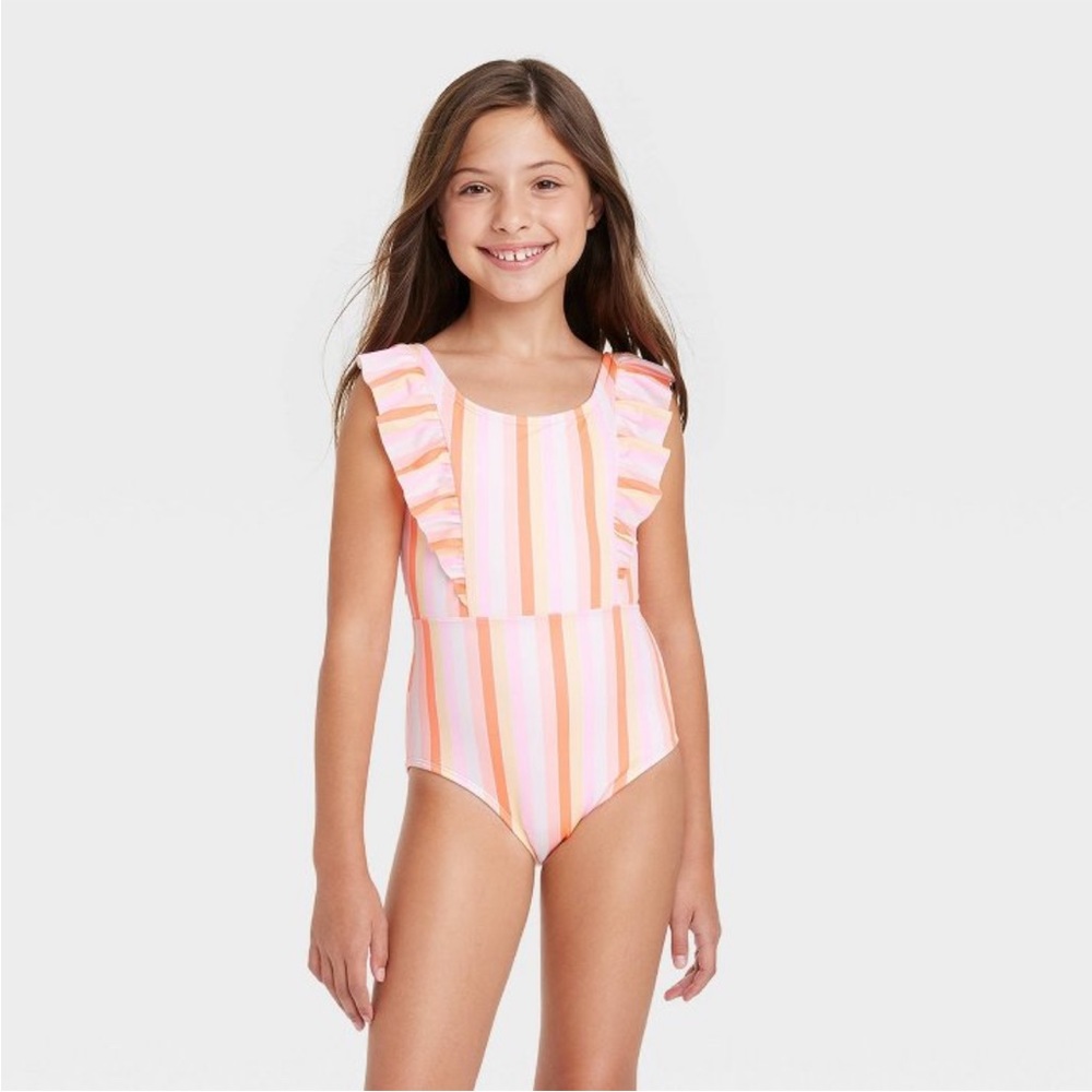 Like New pink and orange Cat & Jack retro rainbow little girl’s swimsuit
